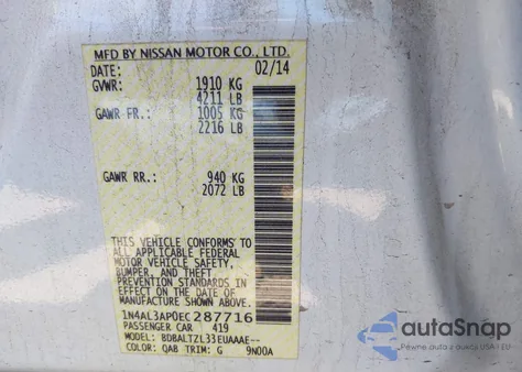 2014 Nissan Altima 2.5 Sv from USA, damaged, VIN 1N4AL3AP0EC287716